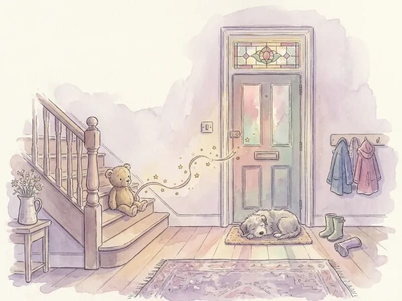 The hall of a family home, full of the things one family loves: a shaggy dog asleep on the mat by a front door with stained glass above it, a worn teddy bear on the bottom stair, small wellington boots and coats on low hooks, and a ribbon of little gold stars curling from the teddy towards the door.