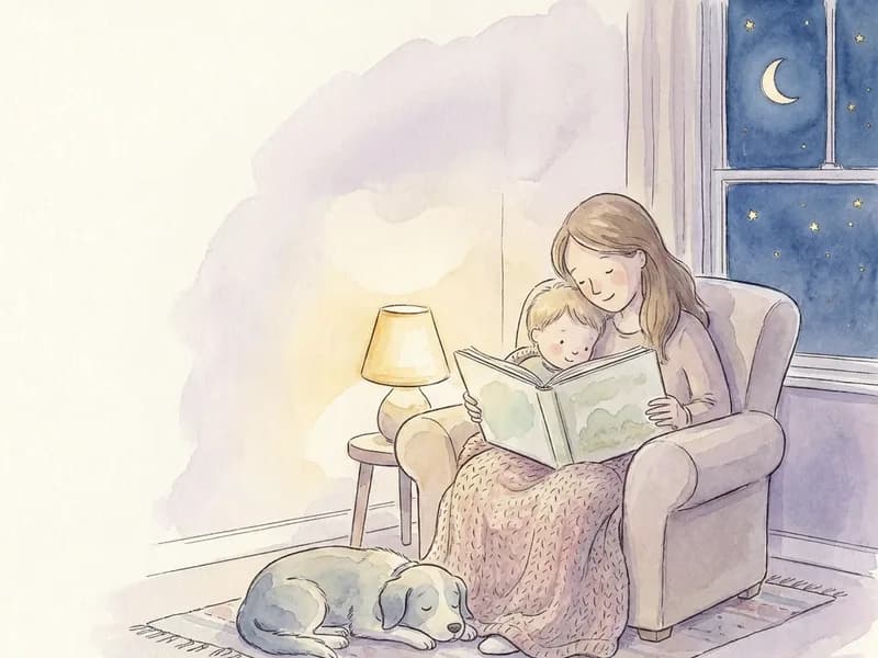 A mother and her small child reading a picture book together at bedtime, in a deep armchair under a warm lamp with a blanket over their knees and a dog asleep at their feet, a crescent moon and stars in the dark window behind them.