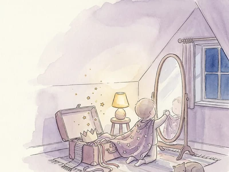 A small child kneeling at an open dressing-up trunk in a lamplit attic bedroom, holding a star-patterned cloak up to their shoulders and looking at the character they have made in a tall mirror, a paper crown still in the trunk beside them.