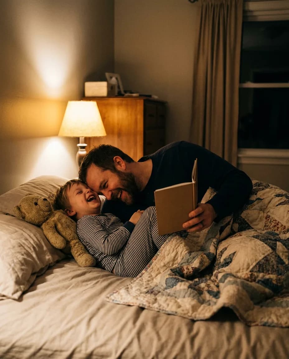 A parent and a small child lying cheek to cheek on a bed at night, both laughing, a closed picture book in the parent’s hand and a warm lamp beside them.